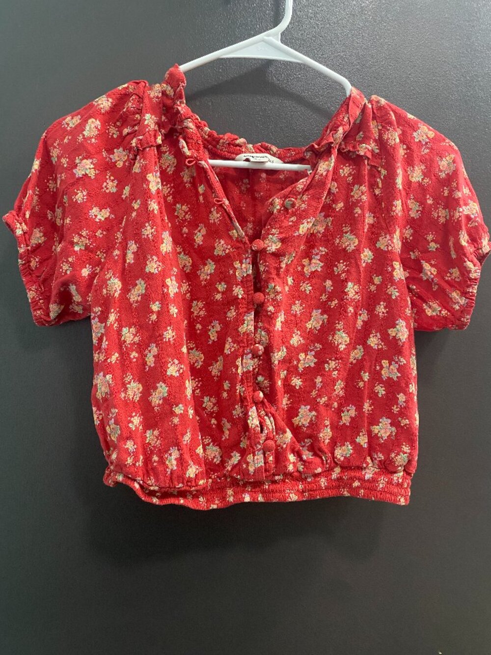 American Eagle Red Floral Puff Sleeve Smocked Crop Top Small